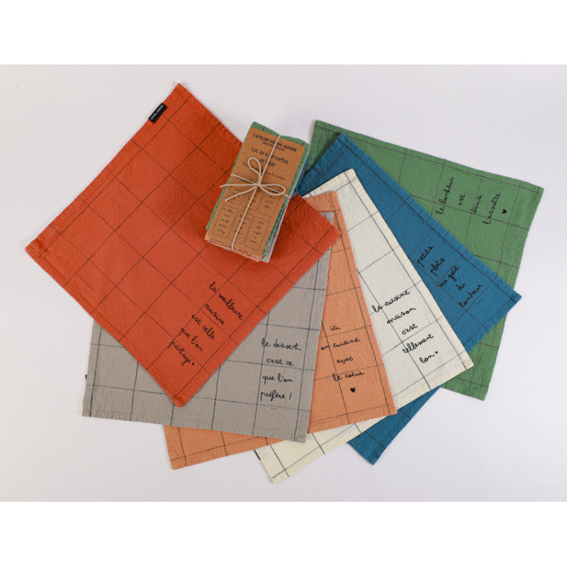 Lot de 6 serviettes "Le bonheur est dans l'assiette"