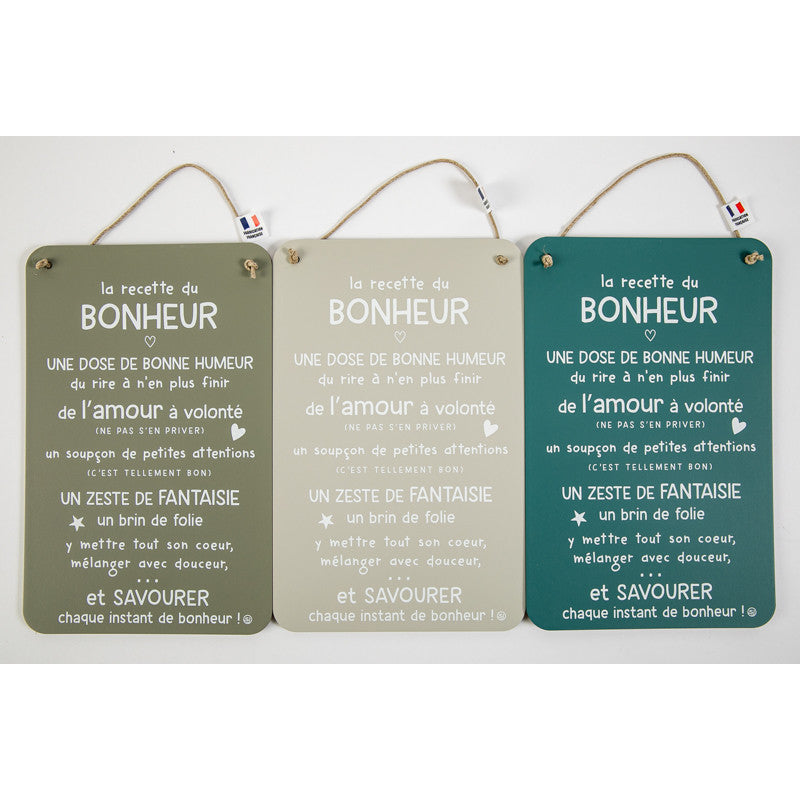 Pancarte "Recette du bonheur" (plusieurs couleurs)